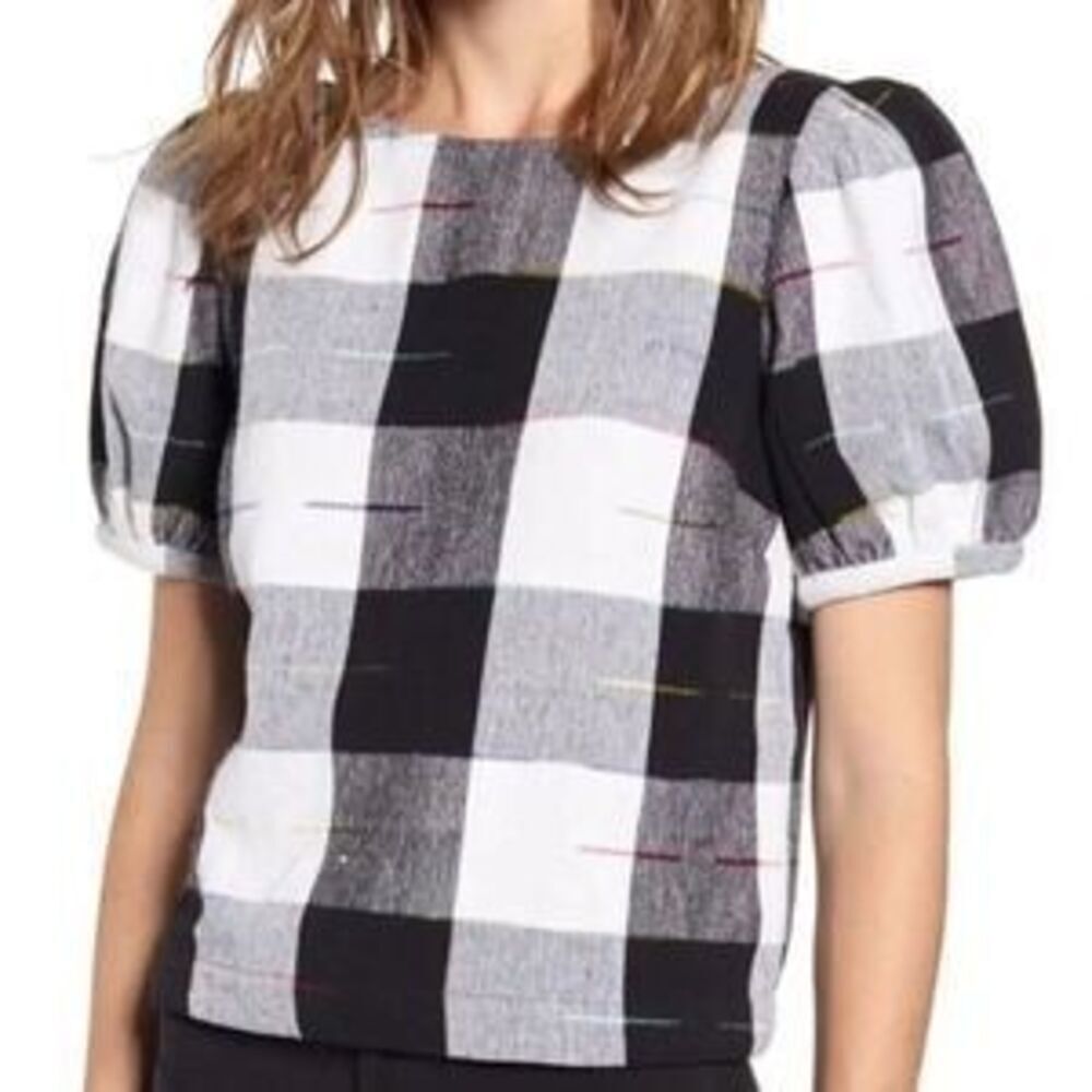 The Odells Puff Sleeve Top in a black and white buffalo check pattern with rainb